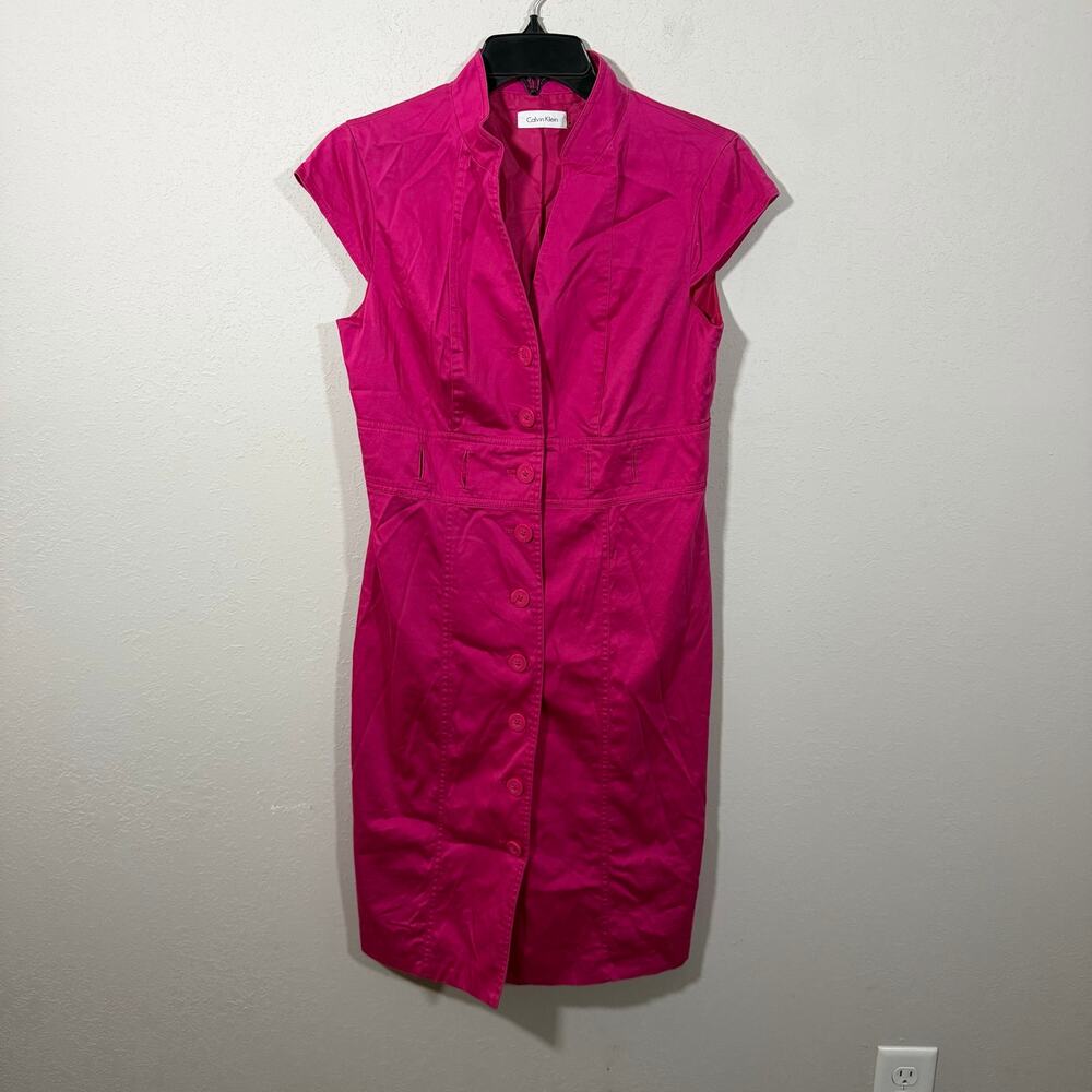 Calvin Klein Mini Sleeve Hot Pink Button Up Collared Sheath Dress Womens 8
